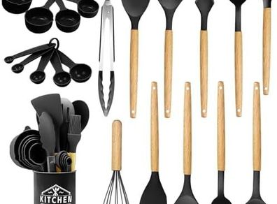 Silicone Kitchen Utensils 22 Pieces, Set of Utensils da Cucina per Pentole Antiaderenti, Heat and Non-Stick with Wooden Handle for Utensils BPA Free (Black)