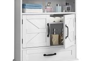 White Bathroom Wall Cabinet with 2 Doors, Adjustable Shelf, Drawer &amp; Open Storage Compartment, Over-Toilet Hanging Organizer