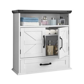 White Bathroom Wall Cabinet with 2 Doors, Adjustable Shelf, Drawer & Open Storage Compartment, Over-Toilet Hanging Organizer