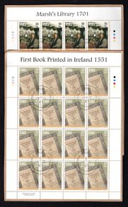 2001 Ireland Literary Anniversaries Stamp Sheetlet (Marsh's Library 1701 & First Book Printed in Ireland 1551) Plate 1A1A1A1A Fine CDS Used with Dublin cancel of 7th August 2007 (First day of issue)
