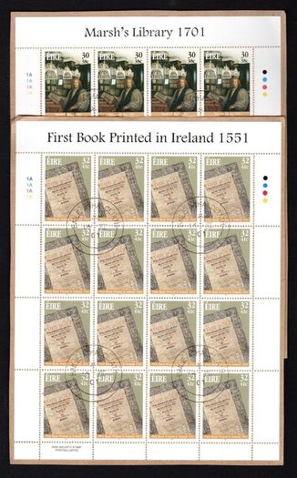 2001 Ireland Literary Anniversaries Stamp Sheetlet (Marsh's Library 1701 & First Book Printed in Ireland 1551) Plate 1A1A1A1A Fine CDS Used with Dublin cancel of 7th August 2007 (First day of issue)