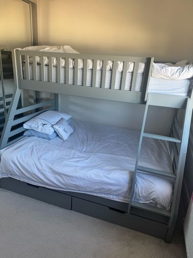 Grey Double and single bunk bed with two large storage drawers