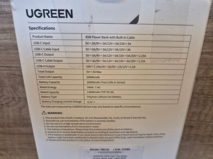 UGREEN 20000mAh 45W Power Bank with Built-in Cable