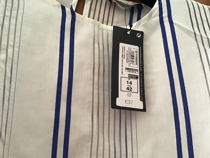 M&S Ladies White & Blue Striped Long Sleeve Blouse Size 14