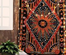 MULTIPLE SIZES AVAILABLE Sun Moon Golden Tapestry Aesthetic Zodiac Mandala Tapestry Wall Hanging Celestial Wall decor Burning Sun Tapestries for Bedroom Tarot Card Boho Tapestrys Hippie 30x40 Inches