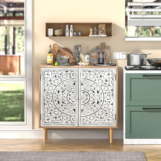 Wood Carving Sideboards for Living Room Cabinets Vintage Hollow Buffet Accent Cabinet with Adjustable Shelf, Magnetic Closure, Cupboard for Kitchen, Dining Room, Hallway 80 x 35 x 78 cm