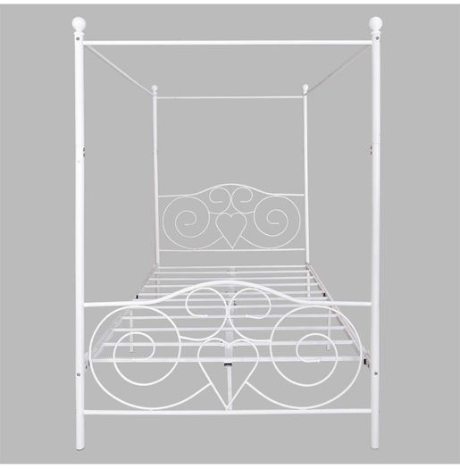 Double Canopy Bed Frame with Vintage Headboard & Footboard, White 135x190cm Double Canopy Bed Frame, 4ft6 Heavy Duty Metal Bed, Heart Scroll Headboard & Footboard, Steel Slats for Bedrooms