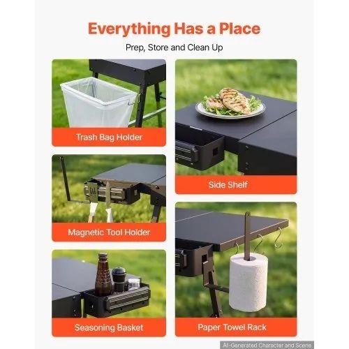 Folding Grill Table 87x45 cm Camping Griddle Stand Fit 43 & 56 cm, for Picnic BBQ Tailgating, Carbon Steel, Adjustable Height, 158 kg, Outdoor Cart with Magnetic Tool Rack and Tissue Holder