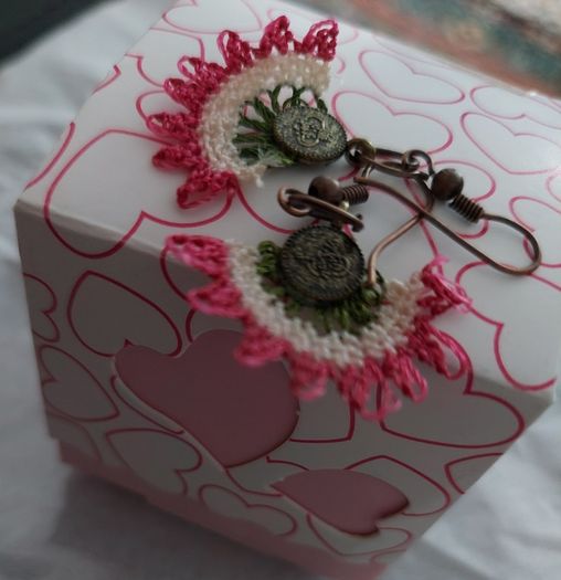 Handmade Needle Lace Earring in Box. A Lovely Gift
