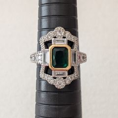 Vintage Art Deco Style Emerald Stone Crystal Silver Ring