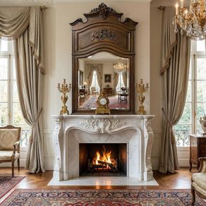 Fabulous antique carved wood mirror as an overmantel in this image