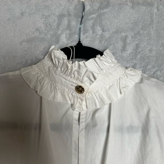 Ganni Cotton Poplin Blouse Sz 8UK 4US S White Ruffle Smock Classic Collar
