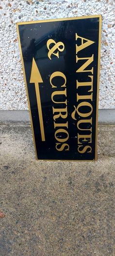 Antiques & Curios,hard plastic sign perspex. ,unusual and lovely colours,,32 inches length, 16 inches height,,buyer collects, see pictures for condition, used condition few marks nicks