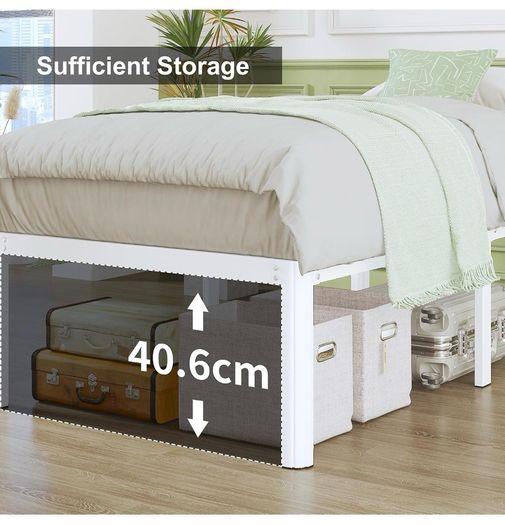 High White King Size Bed Frame 5ft with Rounded Corners, Heavy Duty Metal Bed Frames King Size with Steel Slats, 46 cm High, Ample Space Under-bed, Noise Free, Easy Assembly