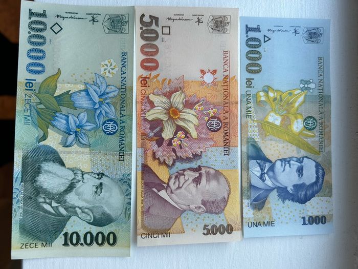 3 Banknotes 1000 5000 10000 lei Romania UNC