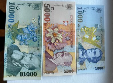 3 Banknotes 1000 5000 10000 lei Romania UNC