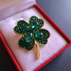 Lucky Clover Leaf Irish Brooch Green Shamrock Four Leaf Clover Crystal Pin Badge