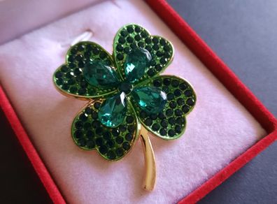 Lucky Clover Leaf Irish Brooch Green Shamrock Four Leaf Clover Crystal Pin Badge
