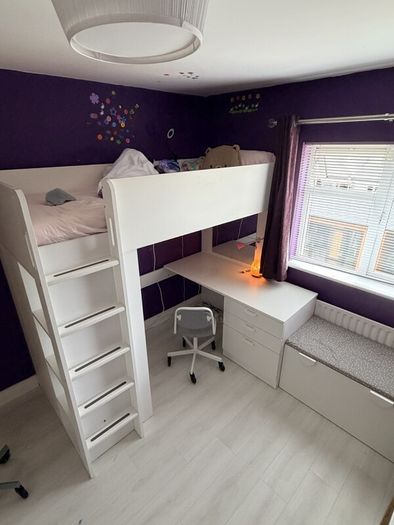 Loft bed frame with desk, chair and storage