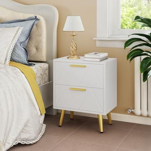 2-Drawer Bedside Table Set of 2, Small Bedside Storage Cabinet with Storage, Nightstand End Table for Living Room Bedroom Office, 40x30x52cm, White & Gold