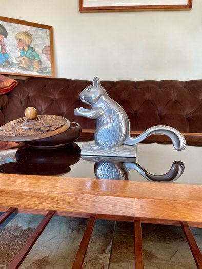 Vintage Aluminum Metal Squirrel on Log Nutcracker