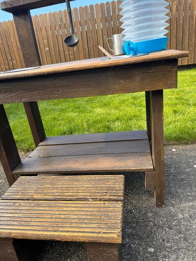 Hand made solid timber mud kitchen with stool with accessories