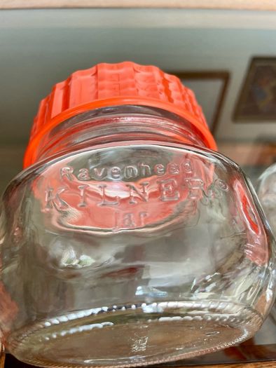 Pair Vintage 500ml 1970s Ravenhead Glass Kilner Jars With Orange Screw Lids