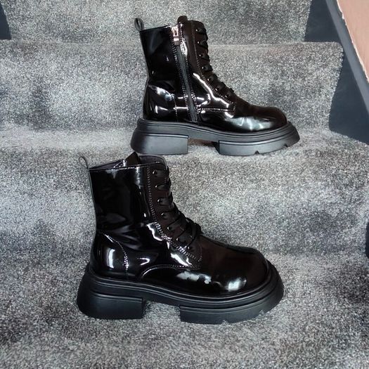 Black Shinny leather funky ankle boots, size 40