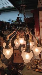 Restored 1920s Art Deco Brass 5-Arm Chandelier with Original Frosted Glass Shades