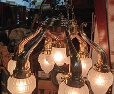 Restored 1920s Art Deco Brass 5-Arm Chandelier with Original Frosted Glass Shades