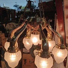 Restored 1920s Art Deco Brass 5-Arm Chandelier with Original Frosted Glass Shades