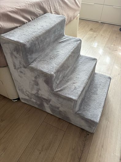 Grey, four-step plush pet staircase and small dog bed