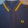 Fred Perry Navy Blue Polo Shirt Yellow Gold Twin Tip Laurel Size L Image 2