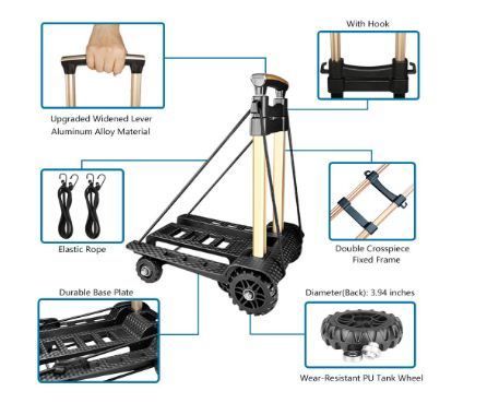 Folding Hand Truck, with Noiseless Wear-Resistant PU Tank Wheels and Adjustable Aluminum Alloy Drawbar