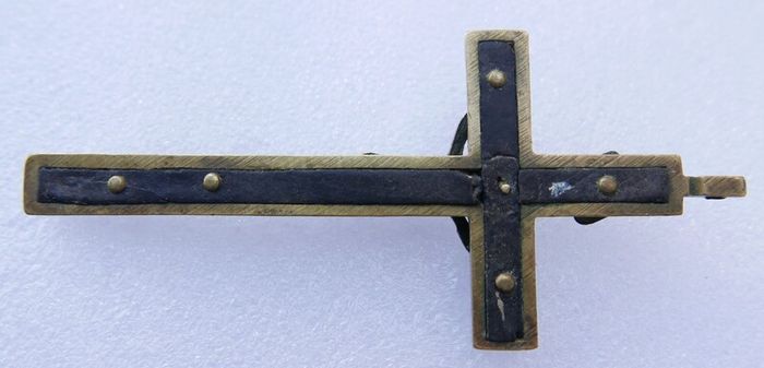 Antique Cross Pendant 1800s Brass and Wood Crucifix 4"