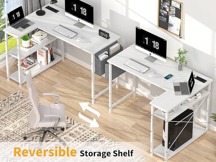 L Shaped Computer Desk with Power Outlet, 118CM Corner Office Desk for Small Spaces with Storage Shelves, Study Work Writing Table for Home Office Bedroom, Snow White