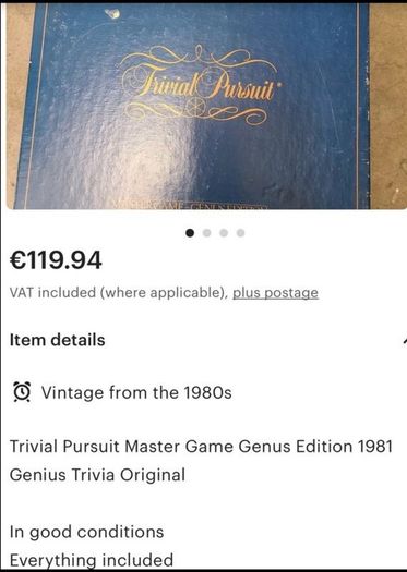 Trivial Pursuit 1983 Genius edition,,now vintage all pieces present selling on eBay for 120 sterling bargain at 40 euro