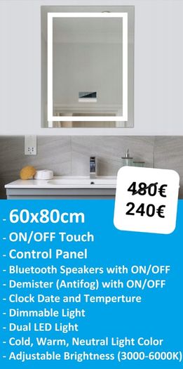 LED Bathroom Mirrors Selection Clock Speakers Bluetooth Demister Antifog Wi-Fi Weather Station Makeup