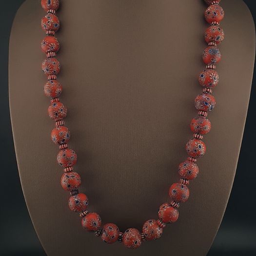 Antique Venetian Style Millefiori & Chevron Glass Beads Strands Necklace