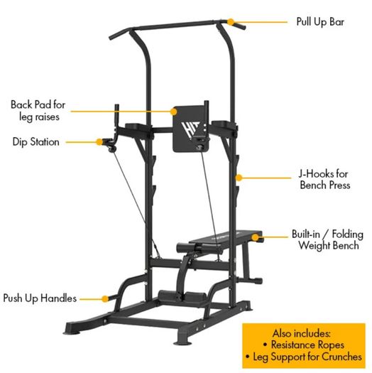 Complete Home Gym Bundle - Power Tower, Folding Bench, Dumbbell Set, Pump Barbell & Cable System
