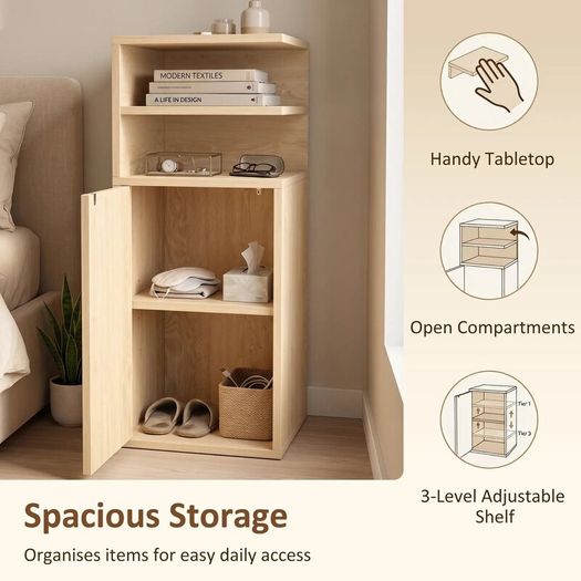 Set of 2 Slim Bedside Table with Open Cubbies and Cupboard