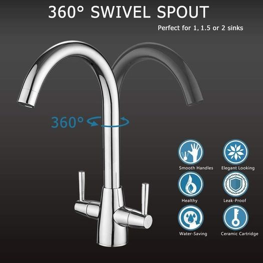 Kitchen Mixer Tap Dual Lever Swivel Spout Chrome Sink Taps with UK Standard Fittings
