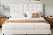 Double Bed Frame, Easy Assembly, Sturdy Wooden Slat Support, Upholstered Platform with Headboard, No Box Spring Needed, White Double Bed 135 x 190