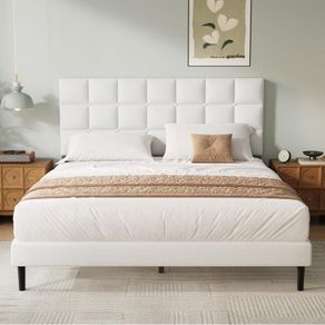 Double Bed Frame, Easy Assembly, Sturdy Wooden Slat Support, Upholstered Platform with Headboard, No Box Spring Needed, White Double Bed 135 x 190