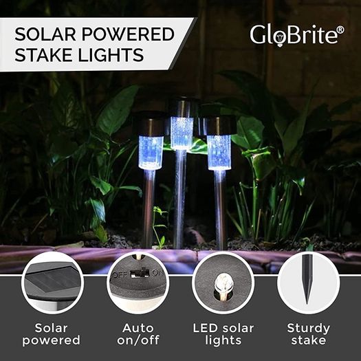 Pack of 10 Solar Powered Stake Lights - LED Garden Outdoor Light, Waterproof Stainless Steel Post Path Lights for Patio Driveway Pathway Walkway Decoration (FREE POSTAGE)