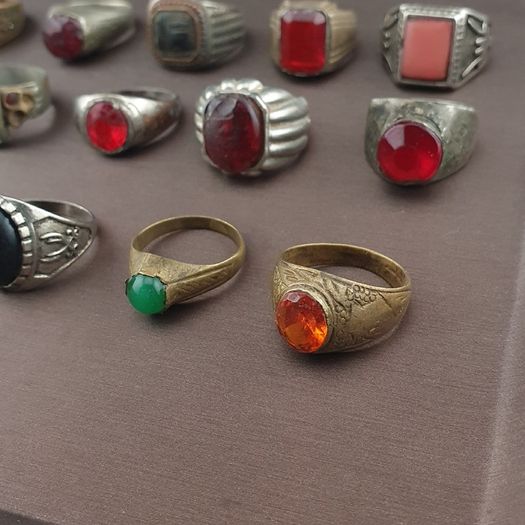 Antique Brass Ring Collection 15 Mixed Handmade Stone & Glass Rings