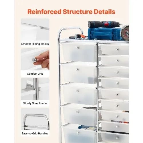 Rolling Cart with Drawers, Double Row 15 Drawer Storage Organizer, Mobile Utility Cart with Chrome Steel Frame, Universal Casters & 2 Brakes, for Office, Classroom, Craft Room, Studio, Garage