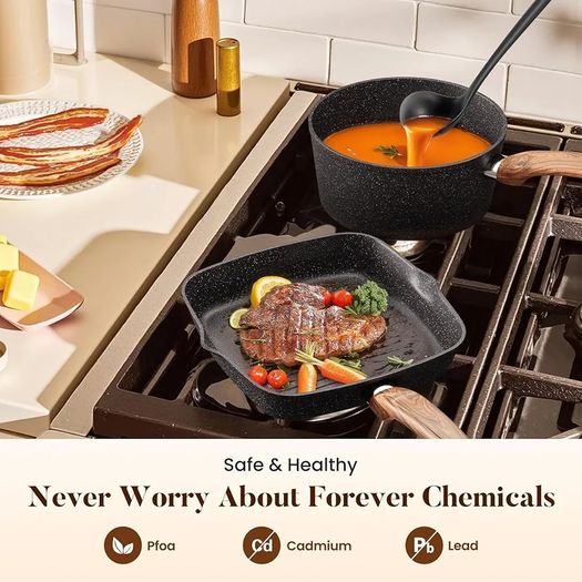 17pcs Induction Hob Pan Set, Black Granite Cookware Sets Pots and Pans Sets Non Stick, Nonstick Cookware and Bakeware, PFOA & PFOS Free