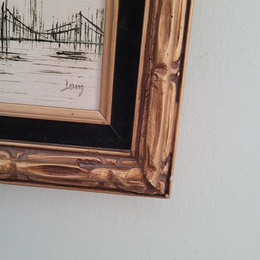 Mid-century framed oil on board cityscape
