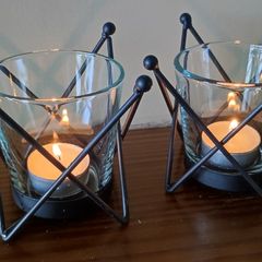 2 Candle tealights metal holders with glass inserts